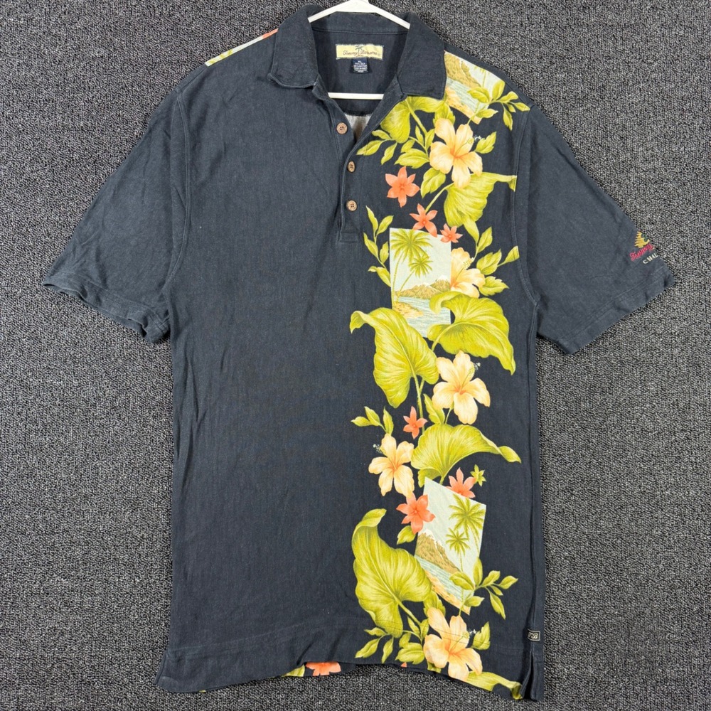 Vintage Tommy Bahama Challenge Polo Men's XL Black Tropical Silk Blend Hawaiian